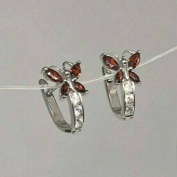 Sterling Silver Cubic Zirconia Leverback Earrings January Garnet Butterfly - Picture 2 of 2